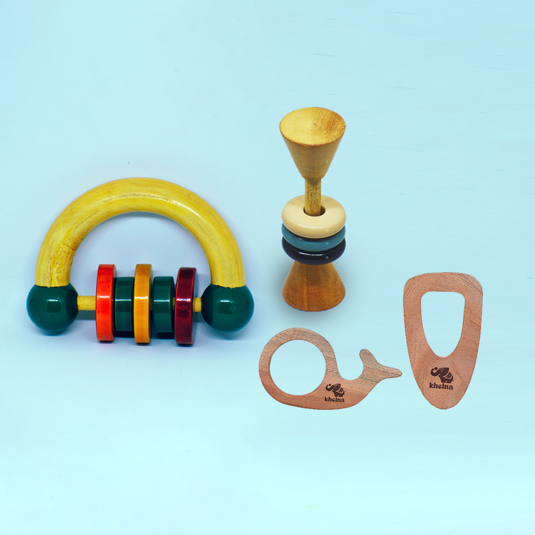 Half- moon Grip Rattle, Dum-roo ring rattle and Dolphine & Triangle teether