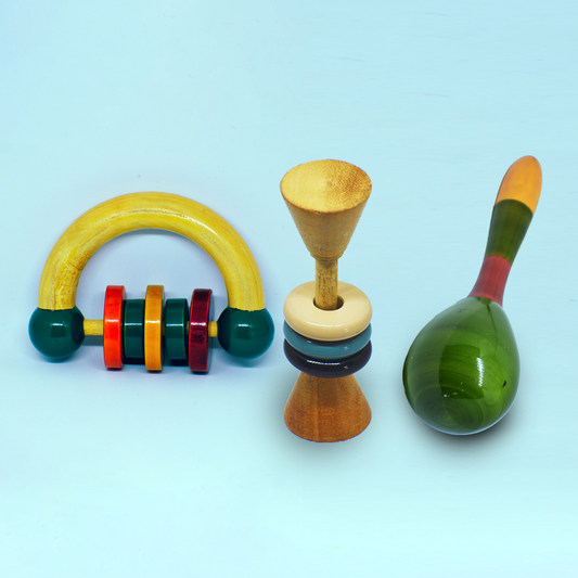 Half- moon Grip Rattle, Dum-roo ring rattle and Junior egg shaker