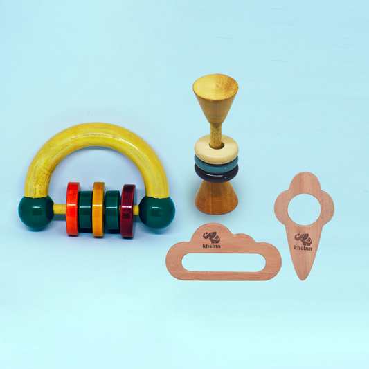 Half- moon Grip Rattle, Dum-roo ring rattle and Ice cream and cloud teether